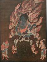 不动明王二童子像。画面右侧的是矜羯罗童子，左为制多迦童子